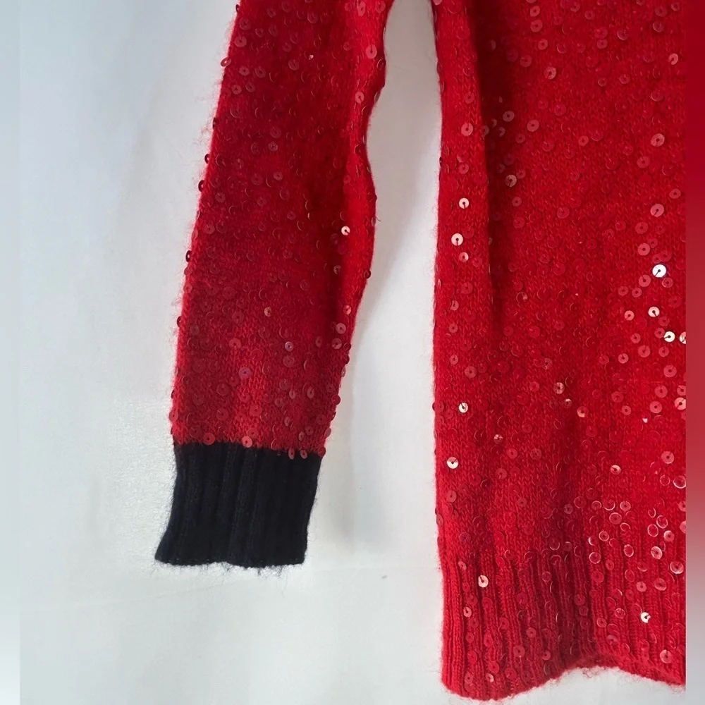 J.Crew Women’s Crew Neck Sweater Red Sequins and Blue Trim 3/4 Sleeves Small